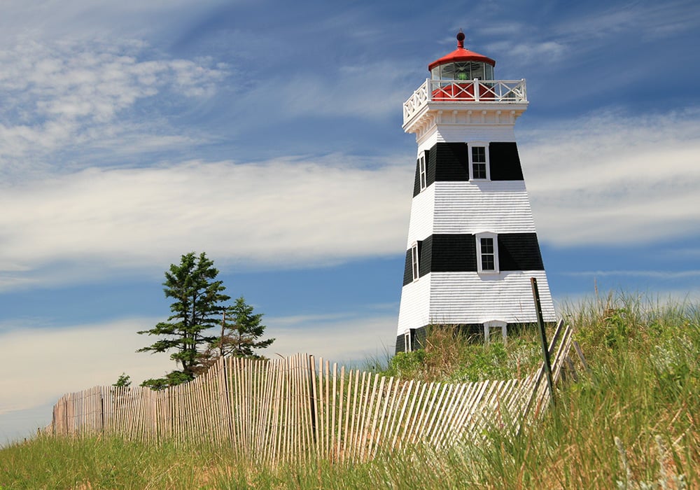 An image rendering of a black and white striped lighthouse with a red top in a field.