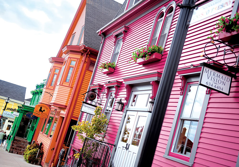 An image rendering of a green, orange, and pink stores in Lunenburg.