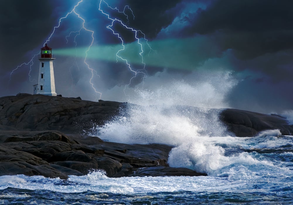 lighthouse with thunder and waves