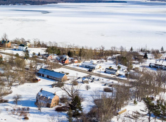 Ariel view of Pictou, Nova Scotia during winter 