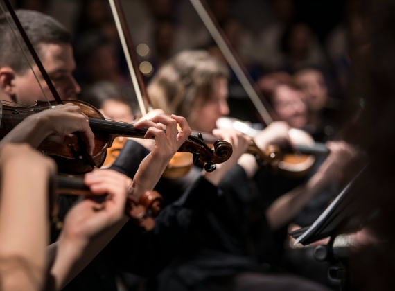 Close-up of musicians playing violins in an orchestra.